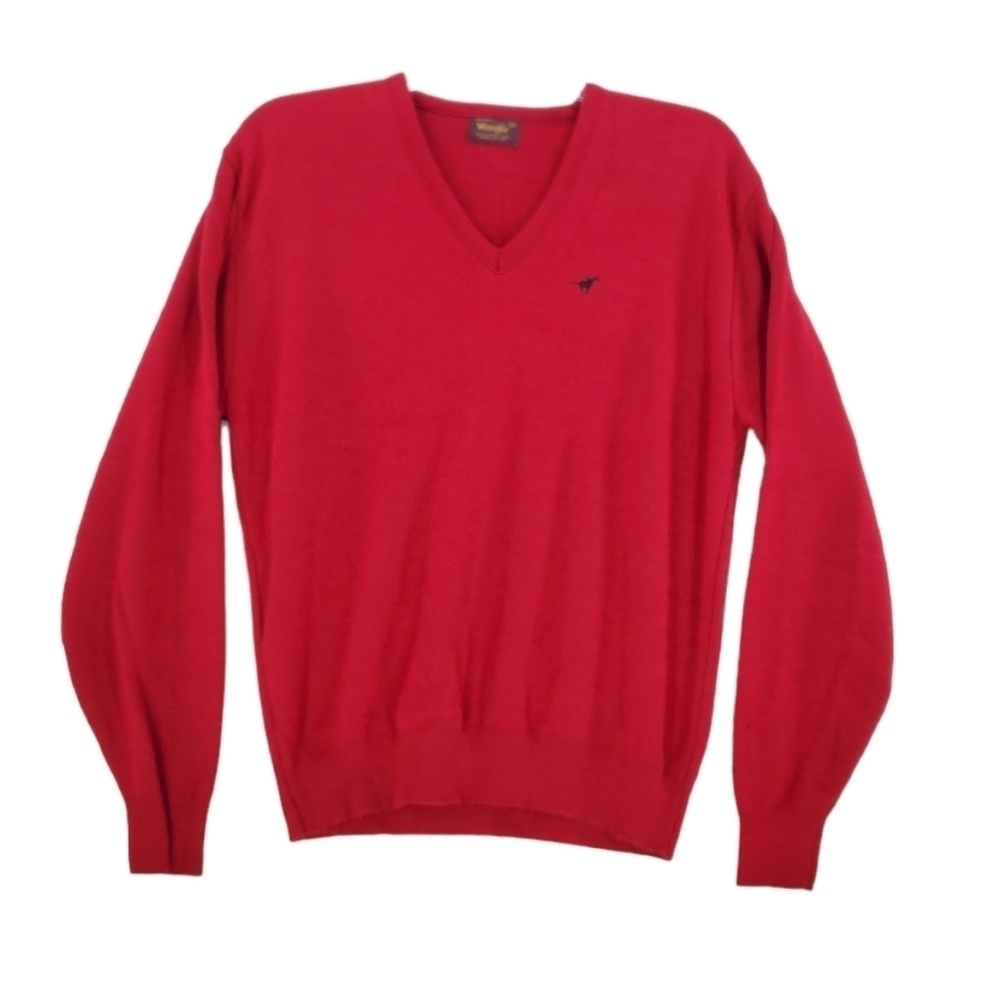 Vtg Wrangler Red Sweater V-Neck Men XL Fits L Embroidered Logo Pullover Y2K READ